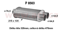 univerzální tlumič plochý (trubka 76,5 mm, délka 47 cm) (tělo 21,5x13,5 cm, délka 32 cm) - jedna strana 2x vývod průmě